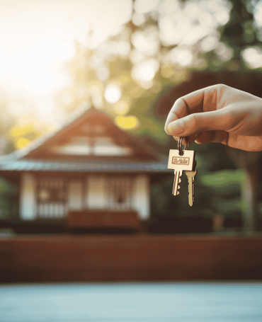 Two people exchanging house keys in front of a traditional Japanese home (kominka), symbolizing a successful real estate transaction and property closing in Japan.