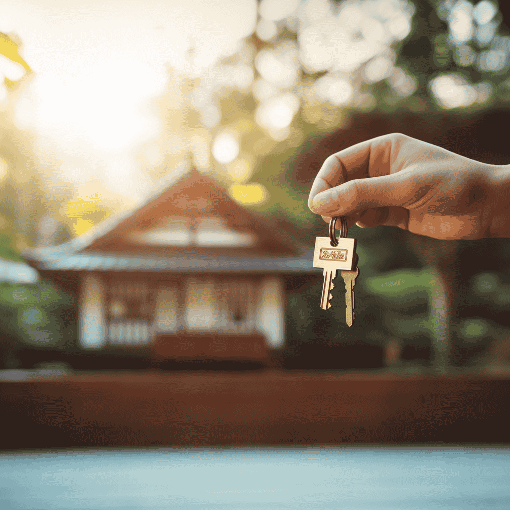 Two people exchanging house keys in front of a traditional Japanese home (kominka), symbolizing a successful real estate transaction and property closing in Japan.