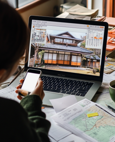 Person searching for a Japanese kominka home, surrounded by real estate papers and speaking on the phone