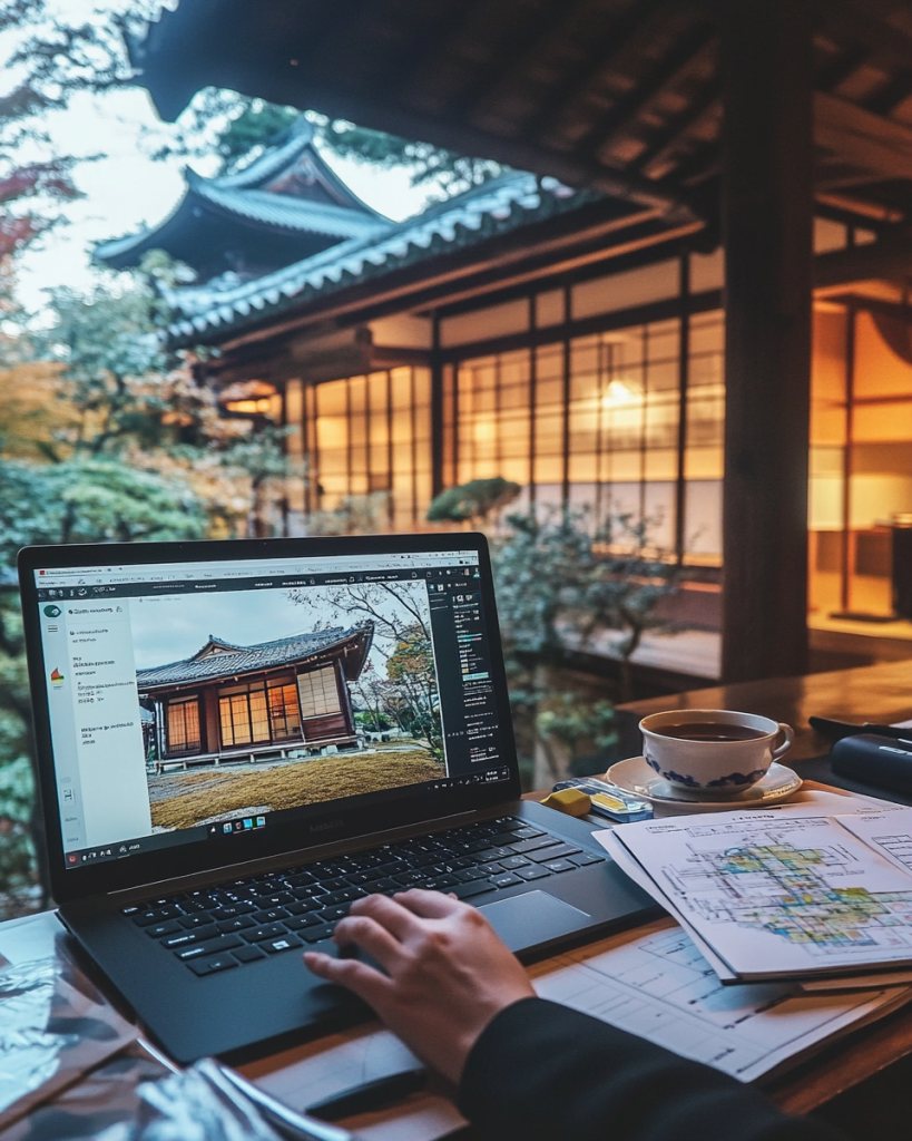 Remote property consultation via Zoom showing a traditional Japanese home listing, risk map, and English annotations for flood and commute time
