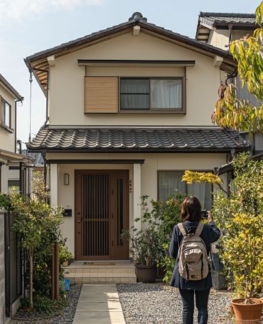 Inspector taking photos of the outside of a vacant Japanese house for absentee owner monitoring