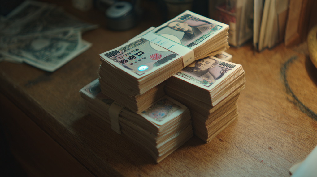 luketokyo_a_small_office_table_with_a_stack_of_Japanese_yen_app