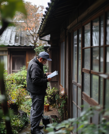 Inspector with clipboard viewing and inspecting an older Japanese house for remote buyer