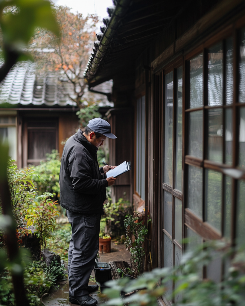 Inspector with clipboard viewing and inspecting an older Japanese house for remote buyer